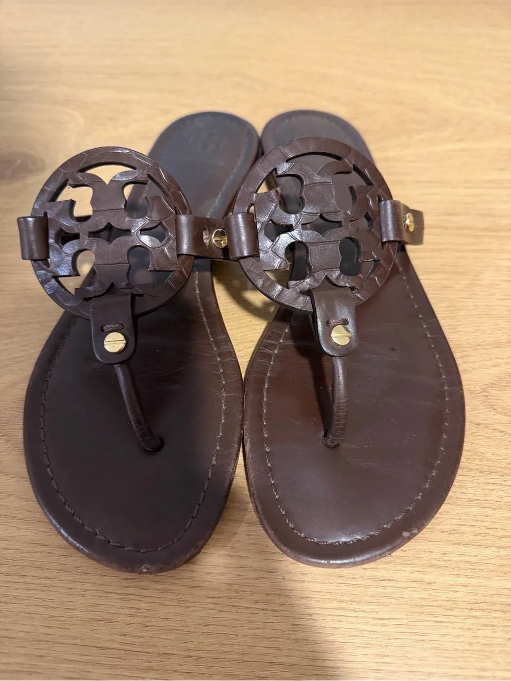 Tory Burch Dark Brown Leather Sandals with Gold Accent